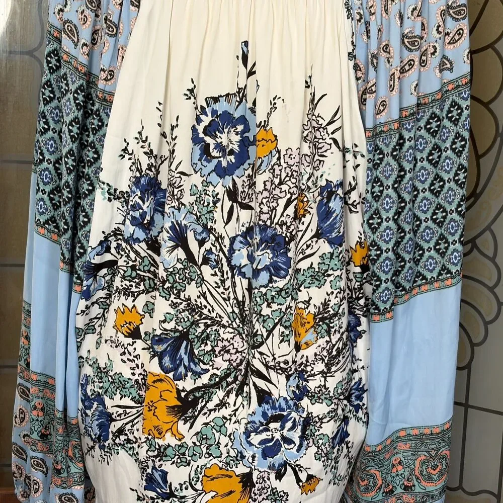 Free People Positano Printed Peasant Top Boho Prairie Cottage Flowy Size M